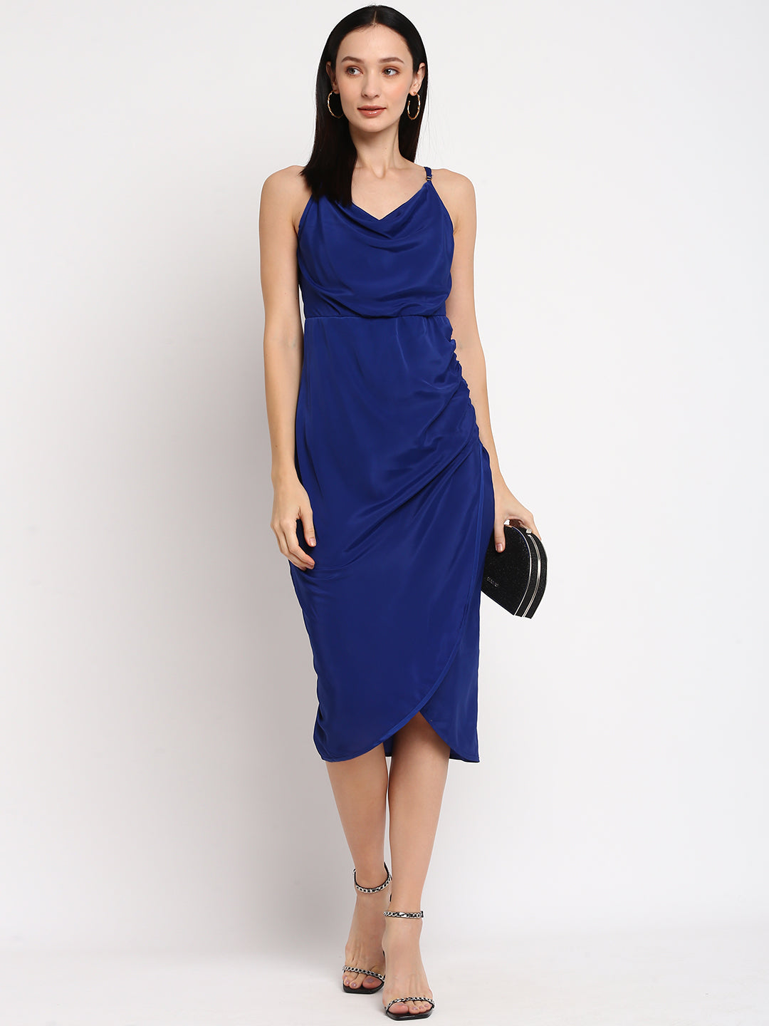 Porsorte Womens Partywear Cowl Neck Blue Midi Dress