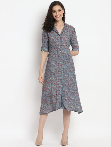 Porsorte Womens Ditsy Print Loose Fit Grey Shirt Dress