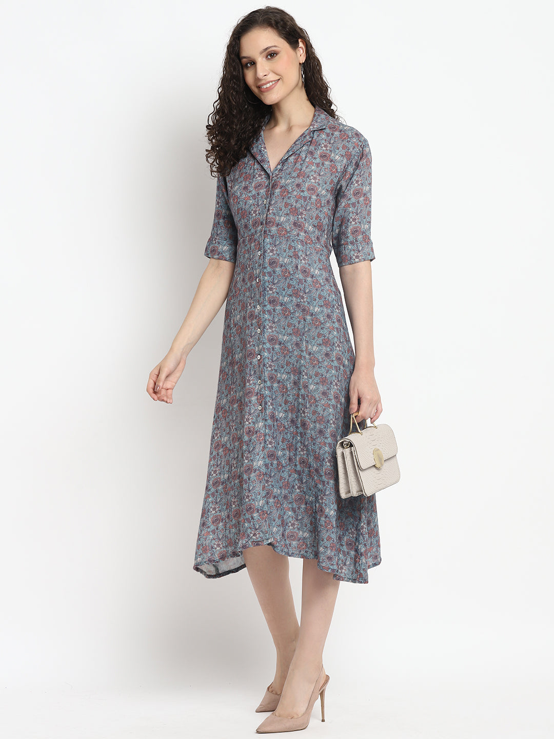 Porsorte Womens Ditsy Print Loose Fit Grey Shirt Dress