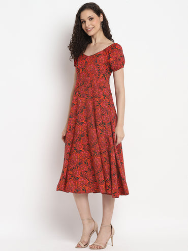 Porsorte Womens Floral Print Red Puff Sleeve Midi Dress