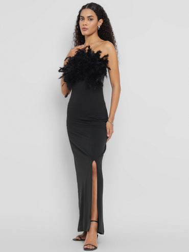 Strapless Feathered Bandeau Maxi Party Dress