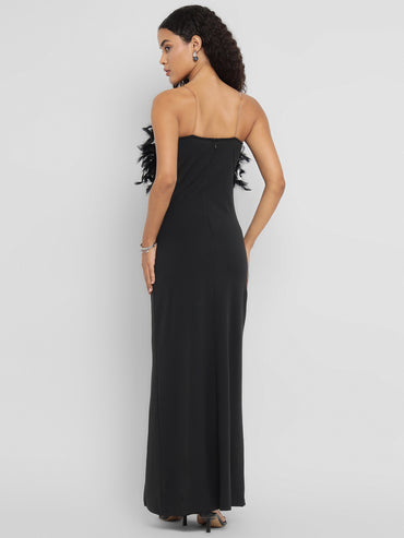 Porsorte Women's Black Strapless Gown with Feather Details & Thigh-High Slit