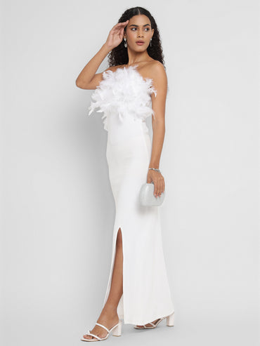 Porsorte Women's White Strapless Gown with Feather Details & Thigh-High Slit