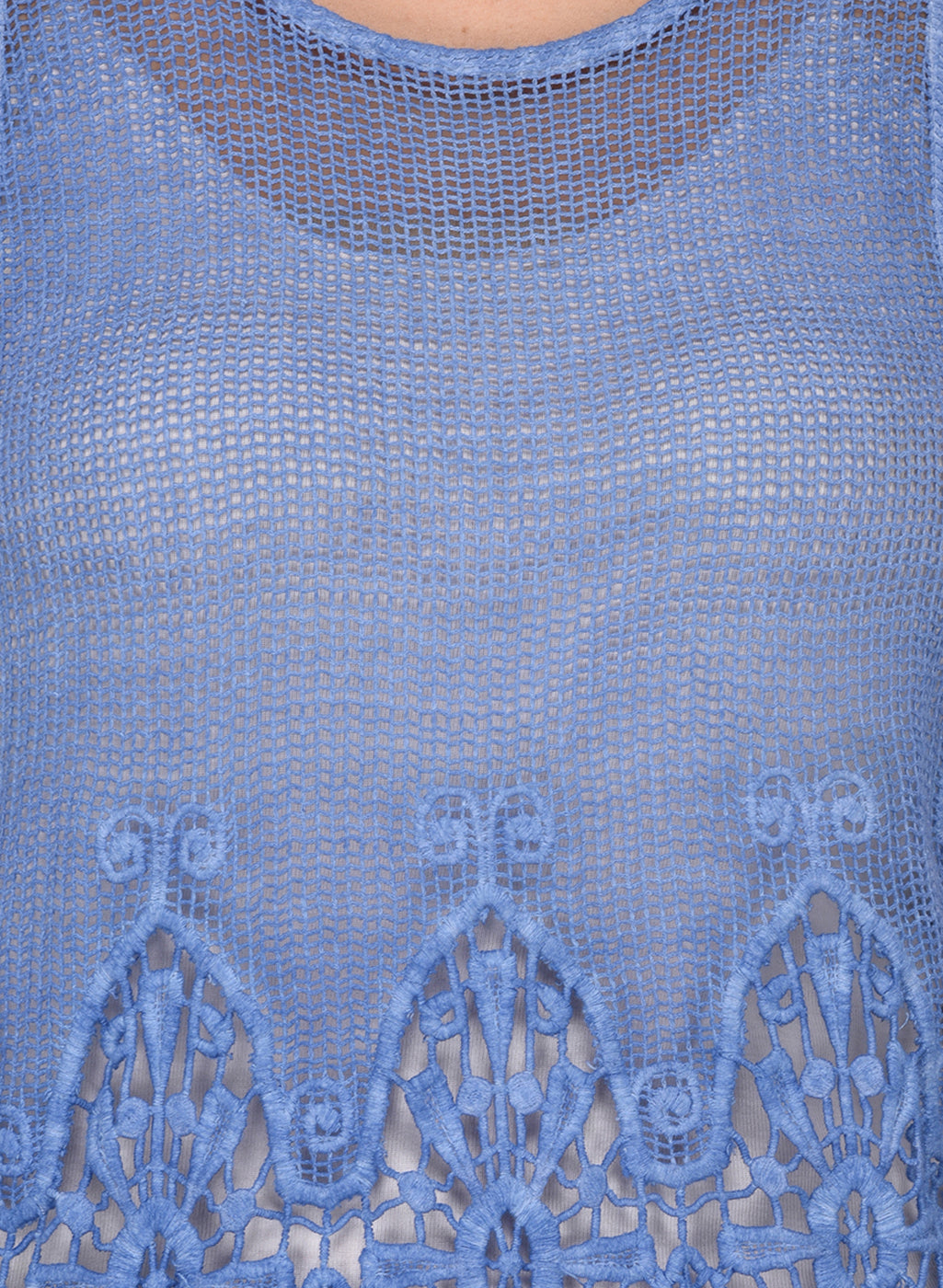 Porsorte Women's Blue Crochet Net Sleeveless Top with Fringe
