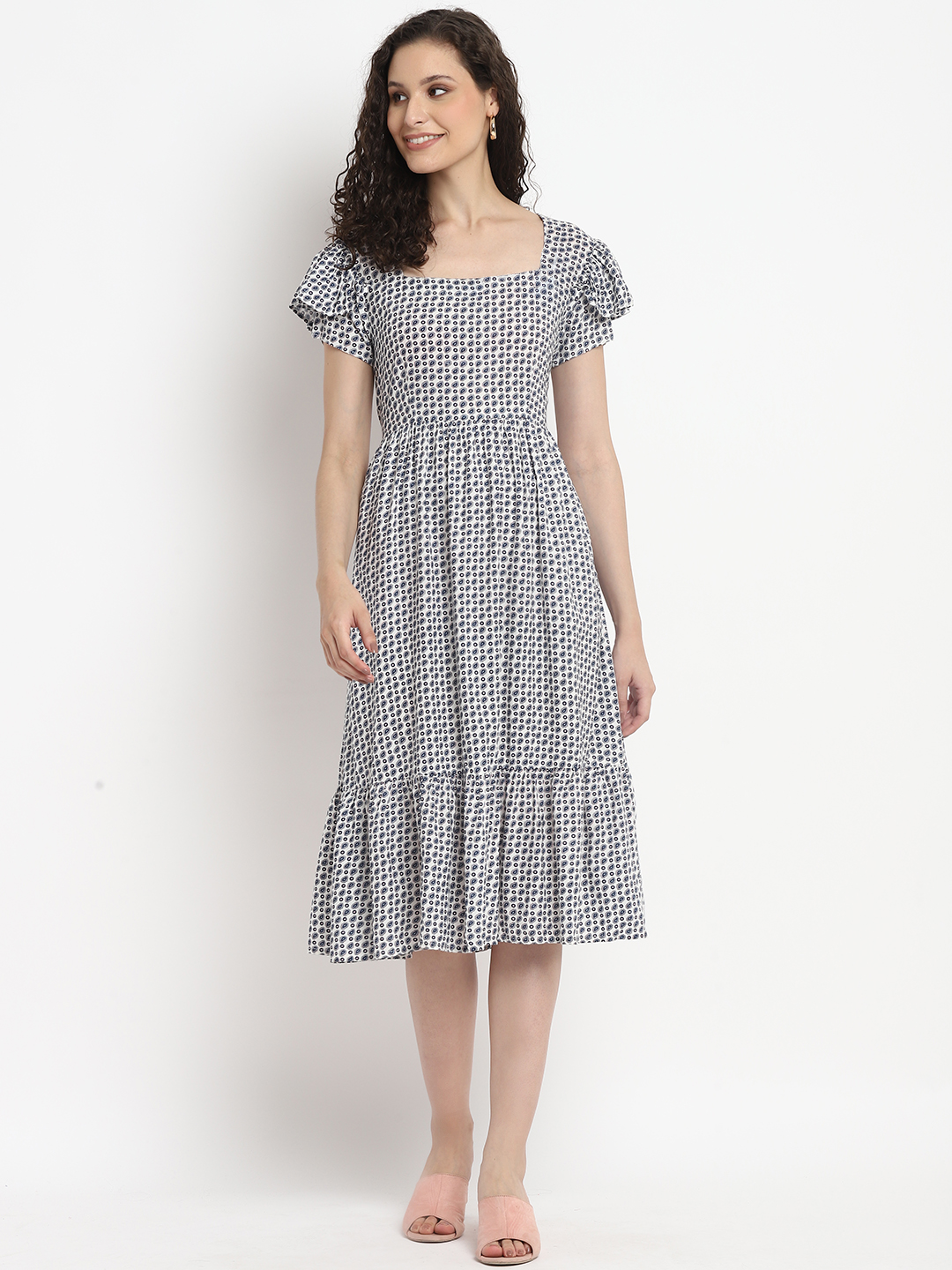 Porsorte Womens Ditsy Print White Blue Knee length Flap Sleeve Dress