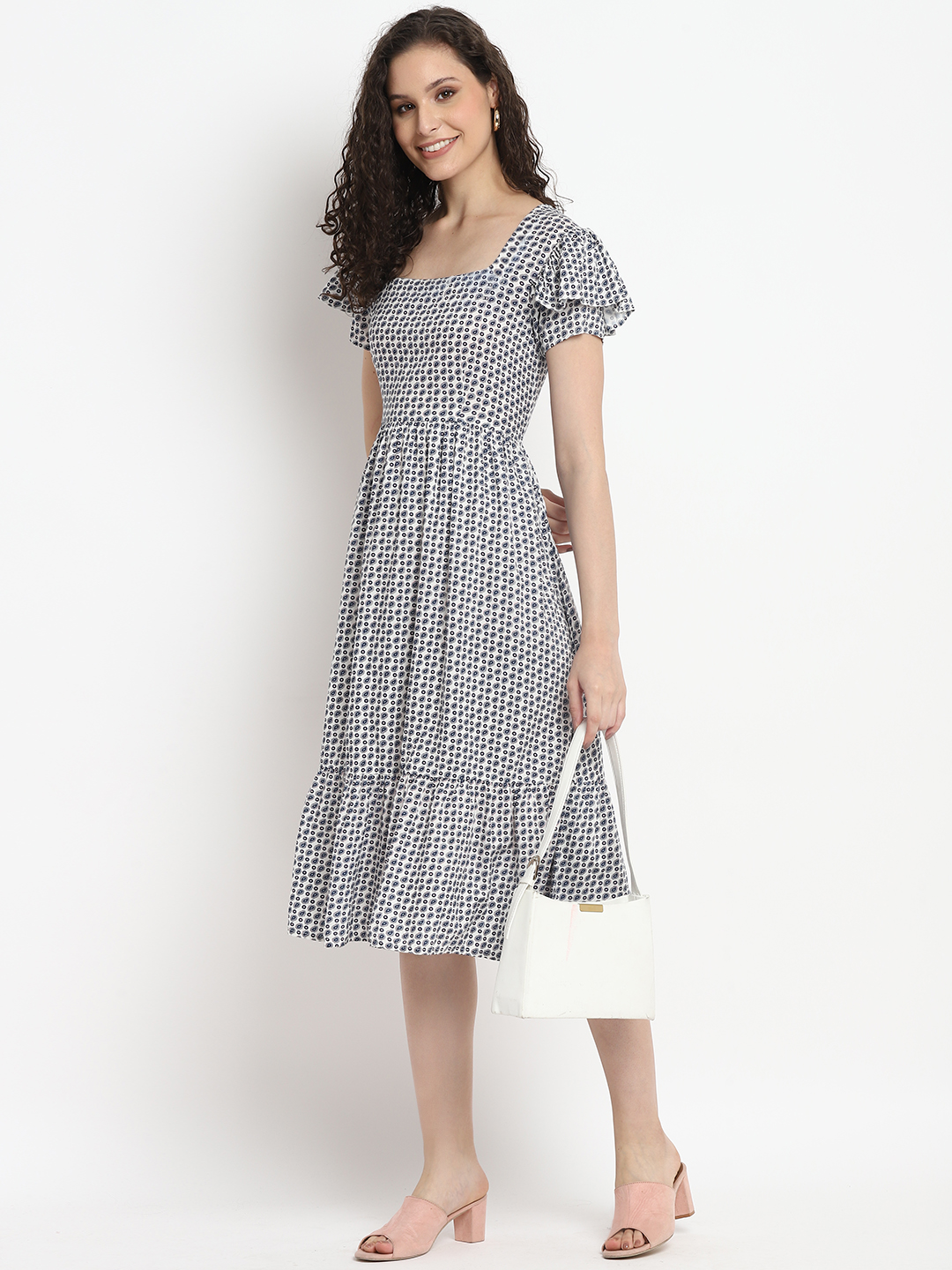 Porsorte Womens Ditsy Print White Blue Knee length Flap Sleeve Dress