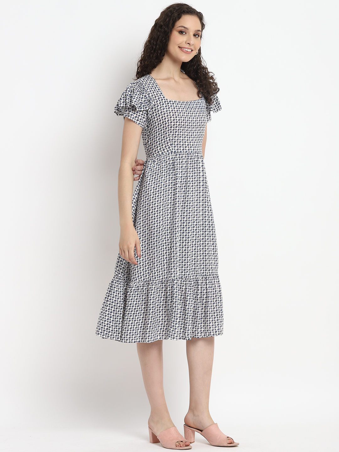 Porsorte Womens Ditsy Print White Blue Knee length Flap Sleeve Dress