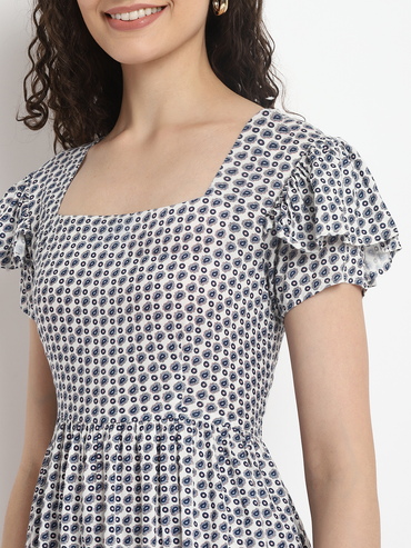 Porsorte Womens Ditsy Print White Blue Knee length Flap Sleeve Dress