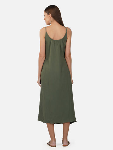 Porsorte Womens Cotton Gauze Olive Green Casual Strappy Dress