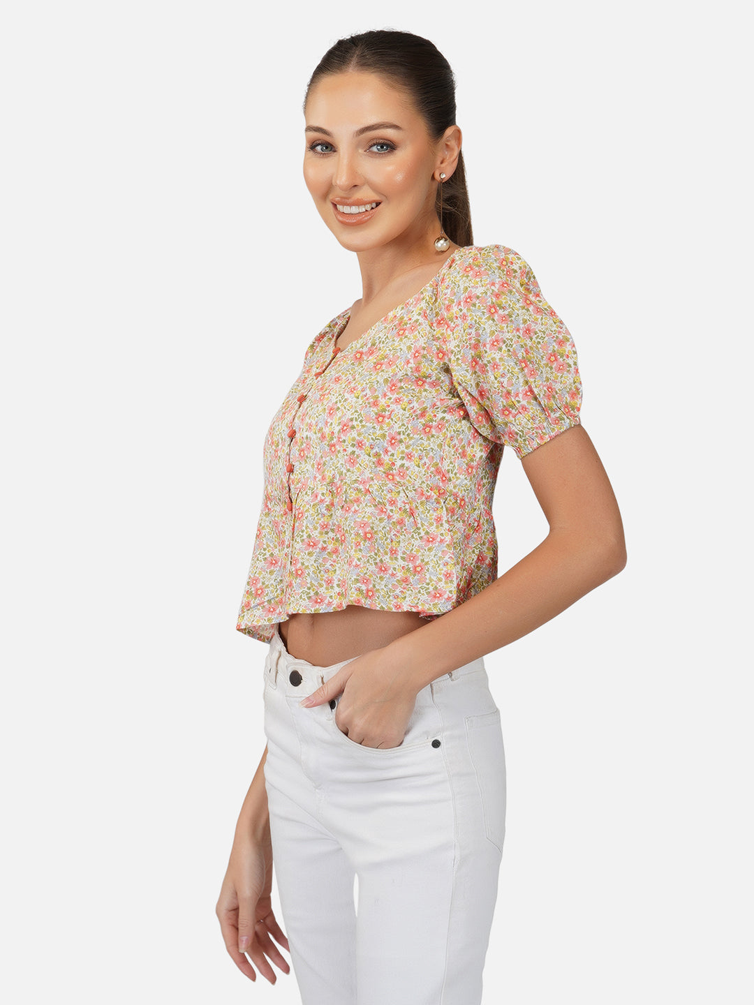 Porsorte Womens Rayon Floral Printed Offwhite Button Shirt Top