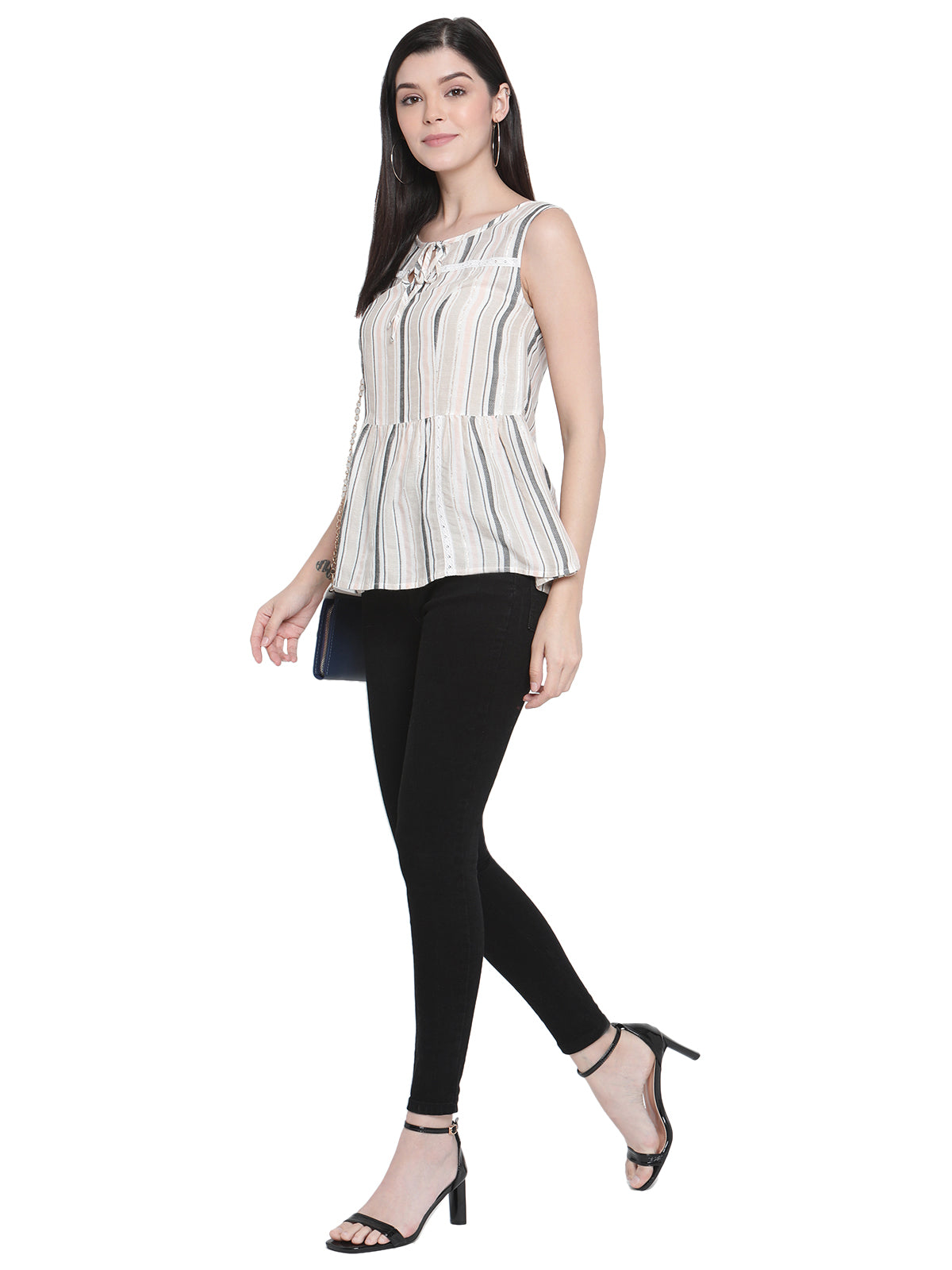 Porsorte Womens Cotton Viscose Stripes with Lace Embroidery tie-up Top
