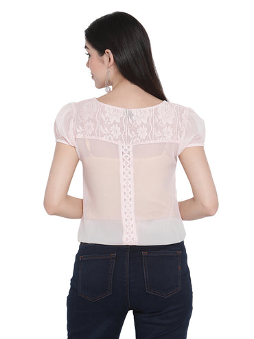 Porsorte Womens Light Pink Poly Chiffon Lace Detailing Top