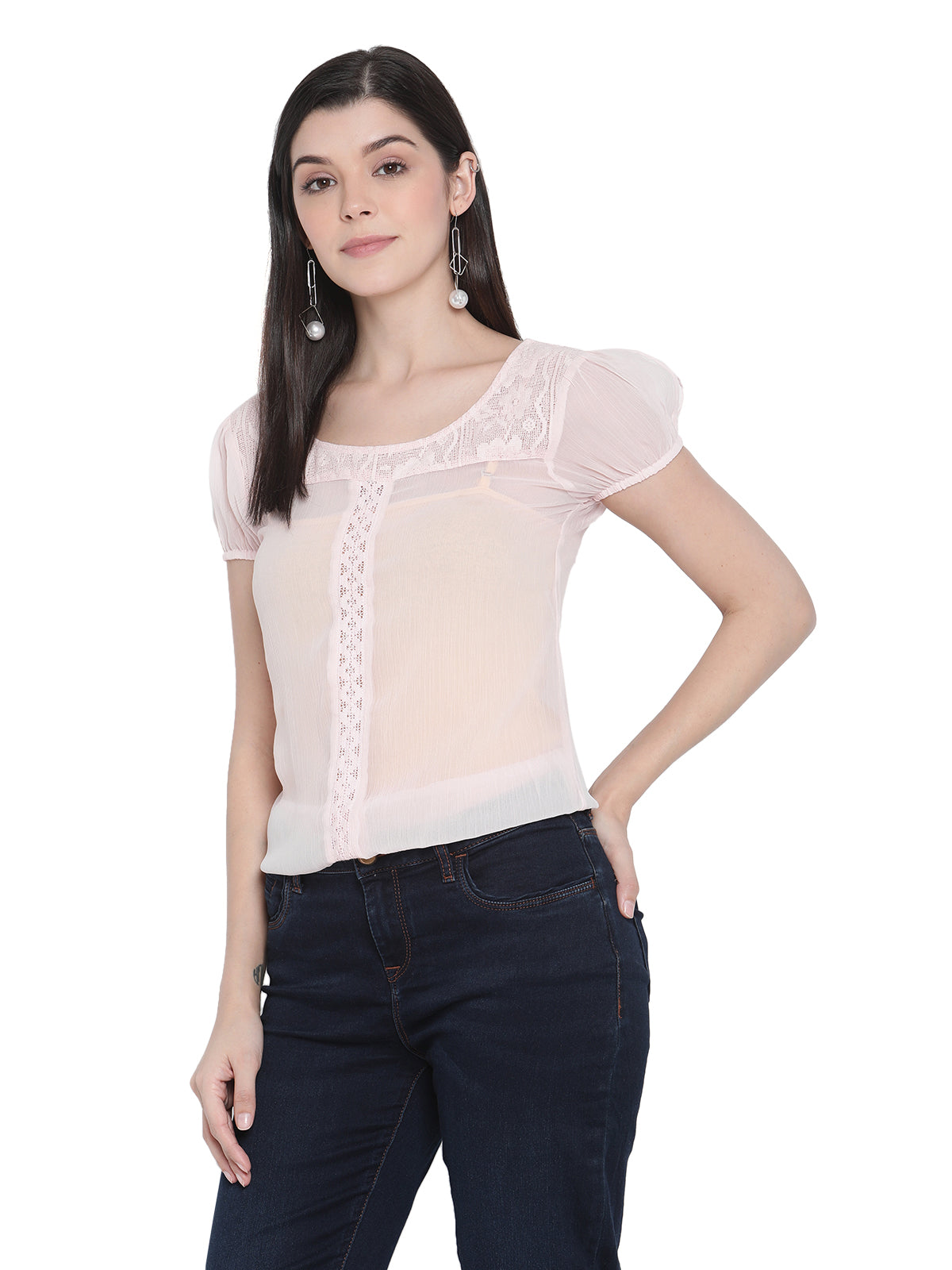 Porsorte Womens Light Pink Poly Chiffon Lace Detailing Top