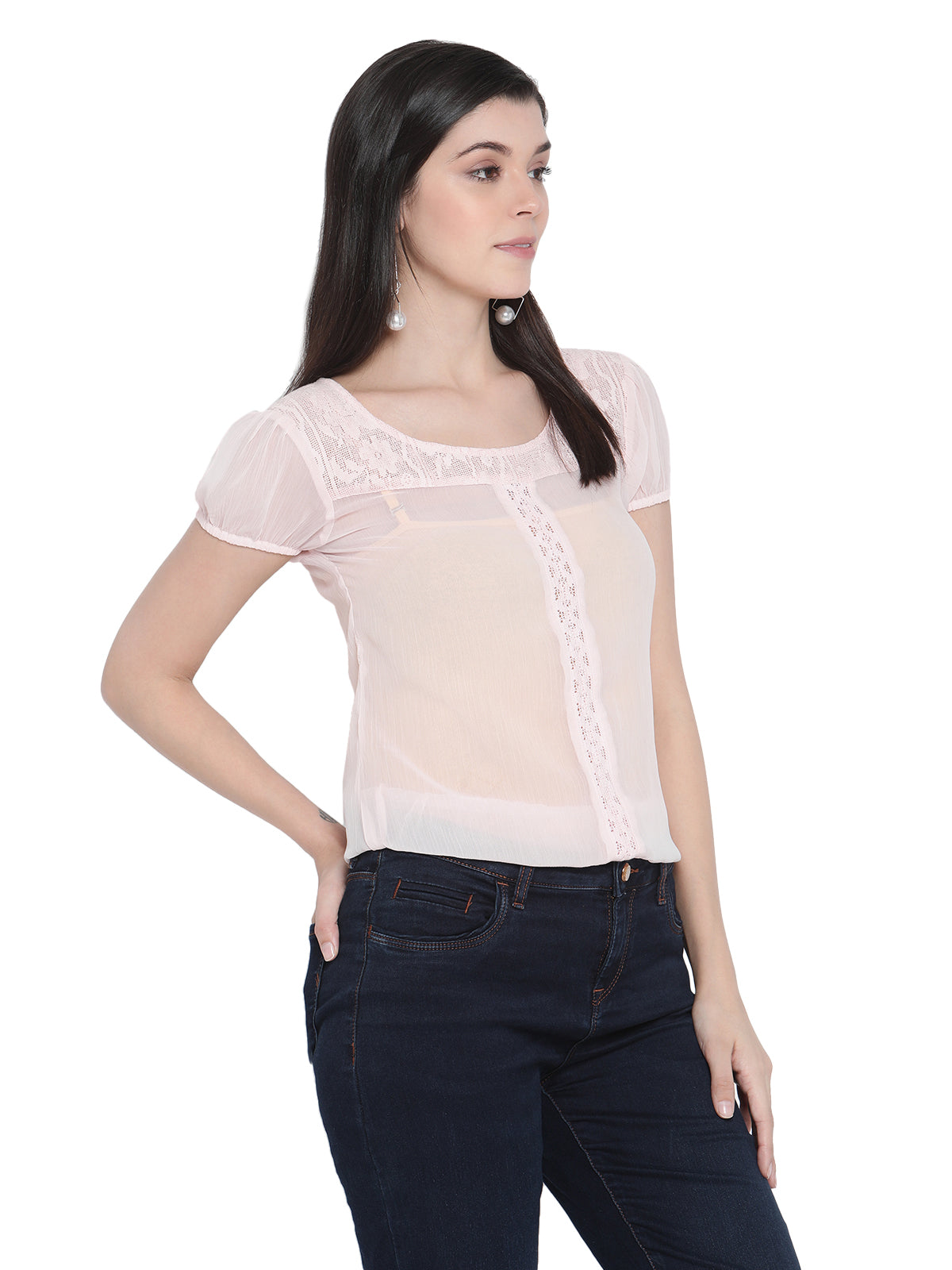 Porsorte Womens Light Pink Poly Chiffon Lace Detailing Top