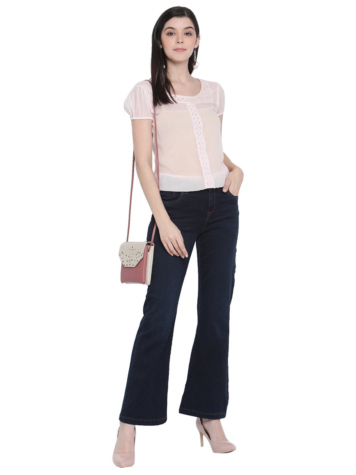 Porsorte Womens Light Pink Poly Chiffon Lace Detailing Top