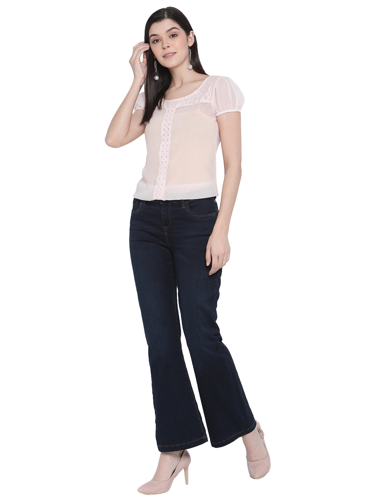 Porsorte Womens Light Pink Poly Chiffon Lace Detailing Top