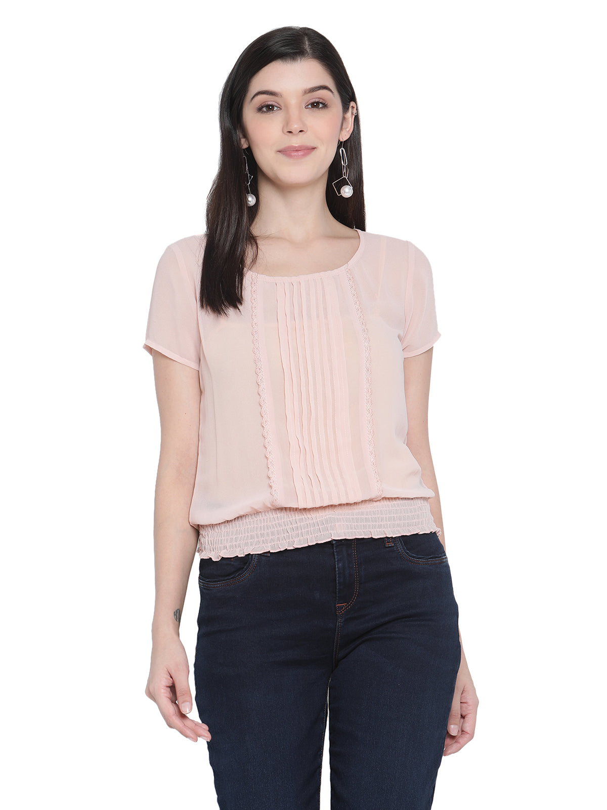Porsorte Womens Peach Poly Georgette front Pleated Bottom Elastic Top