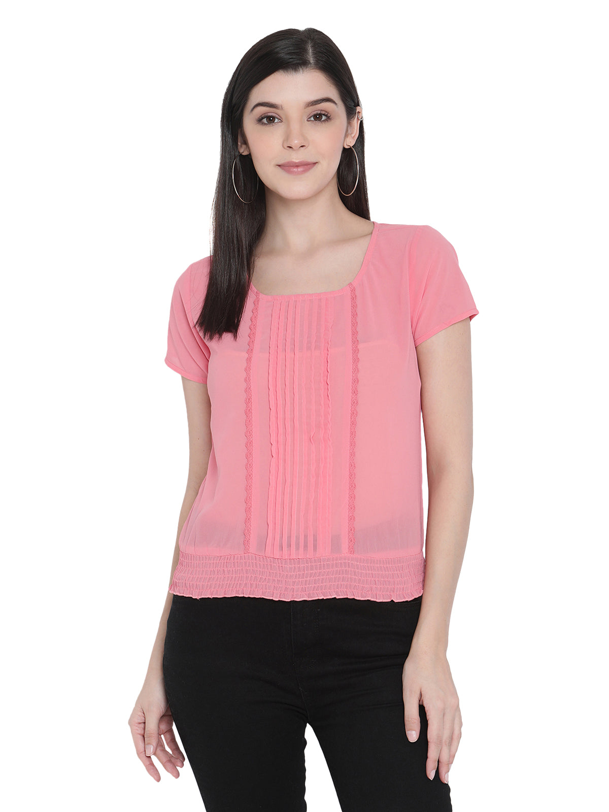 Porsorte Womens Peach Poly Georgette front Pleated Bottom Elastic Top