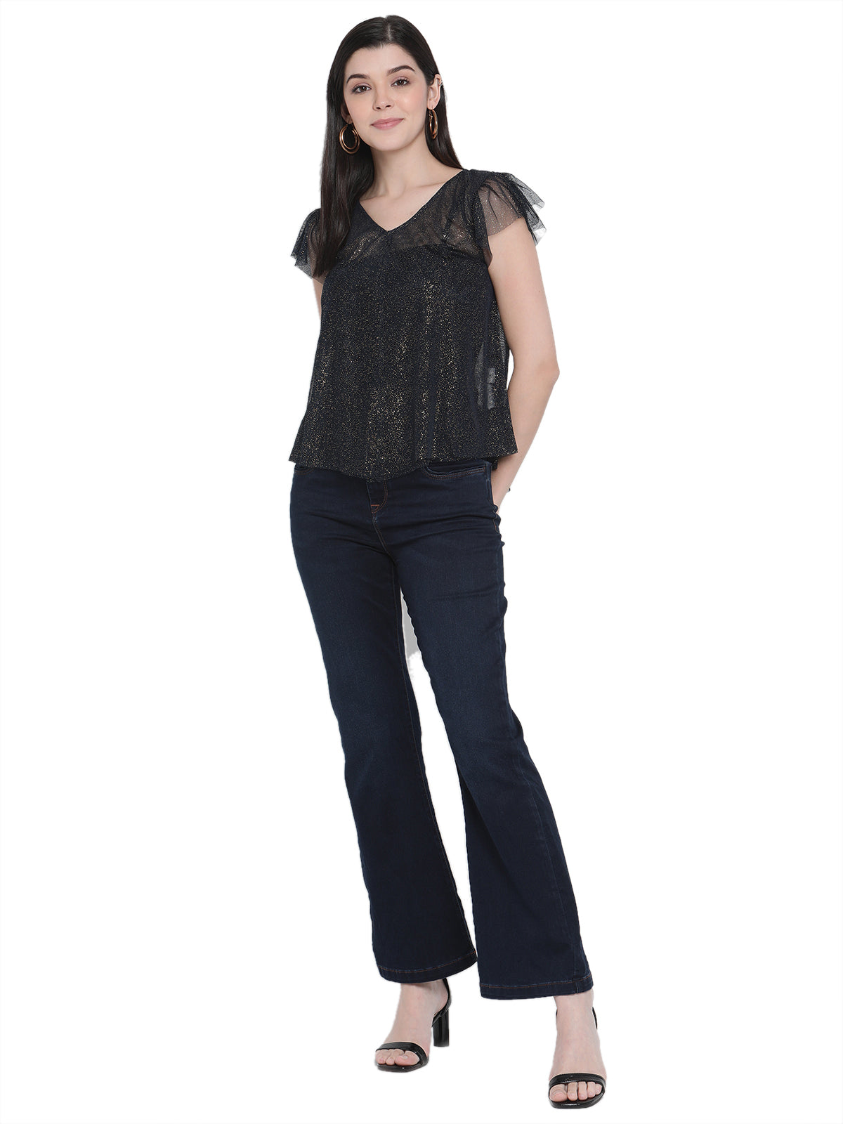 Porsorte Womens Polyester Mesh Sheer Navy Blue Top