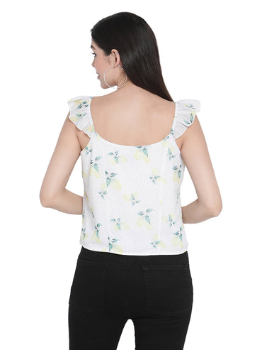 Porsorte Womens Poly Georgette Lemon Print Strappy flared Top