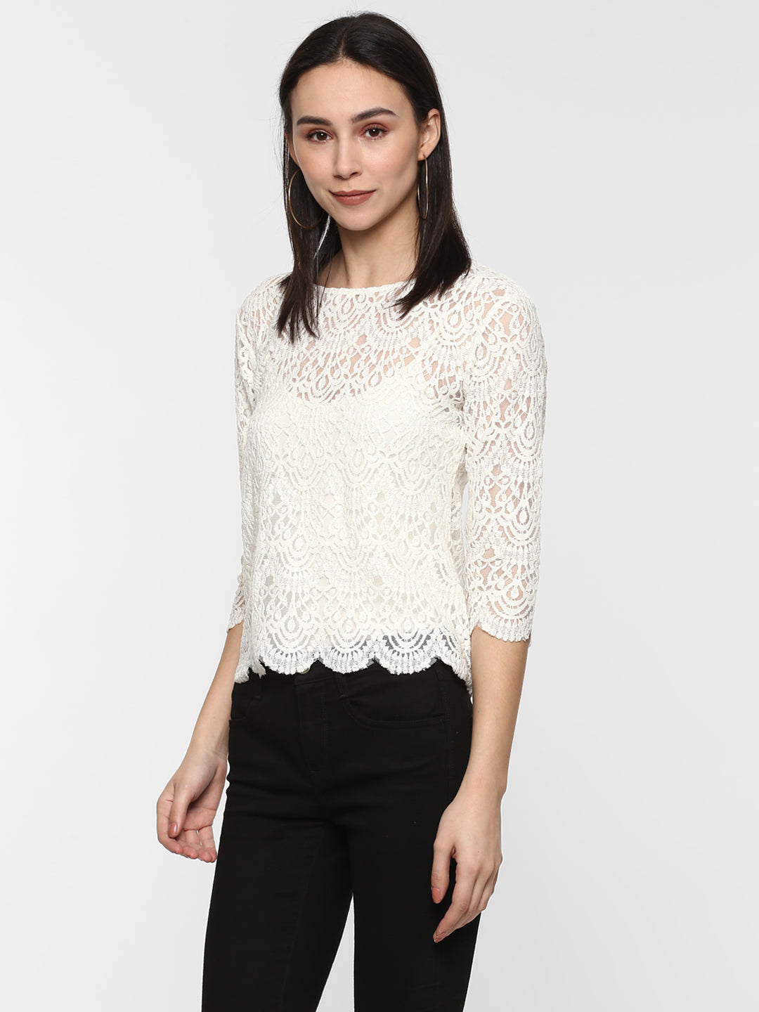 Porsorte Women White Net Crochet Lace  Top