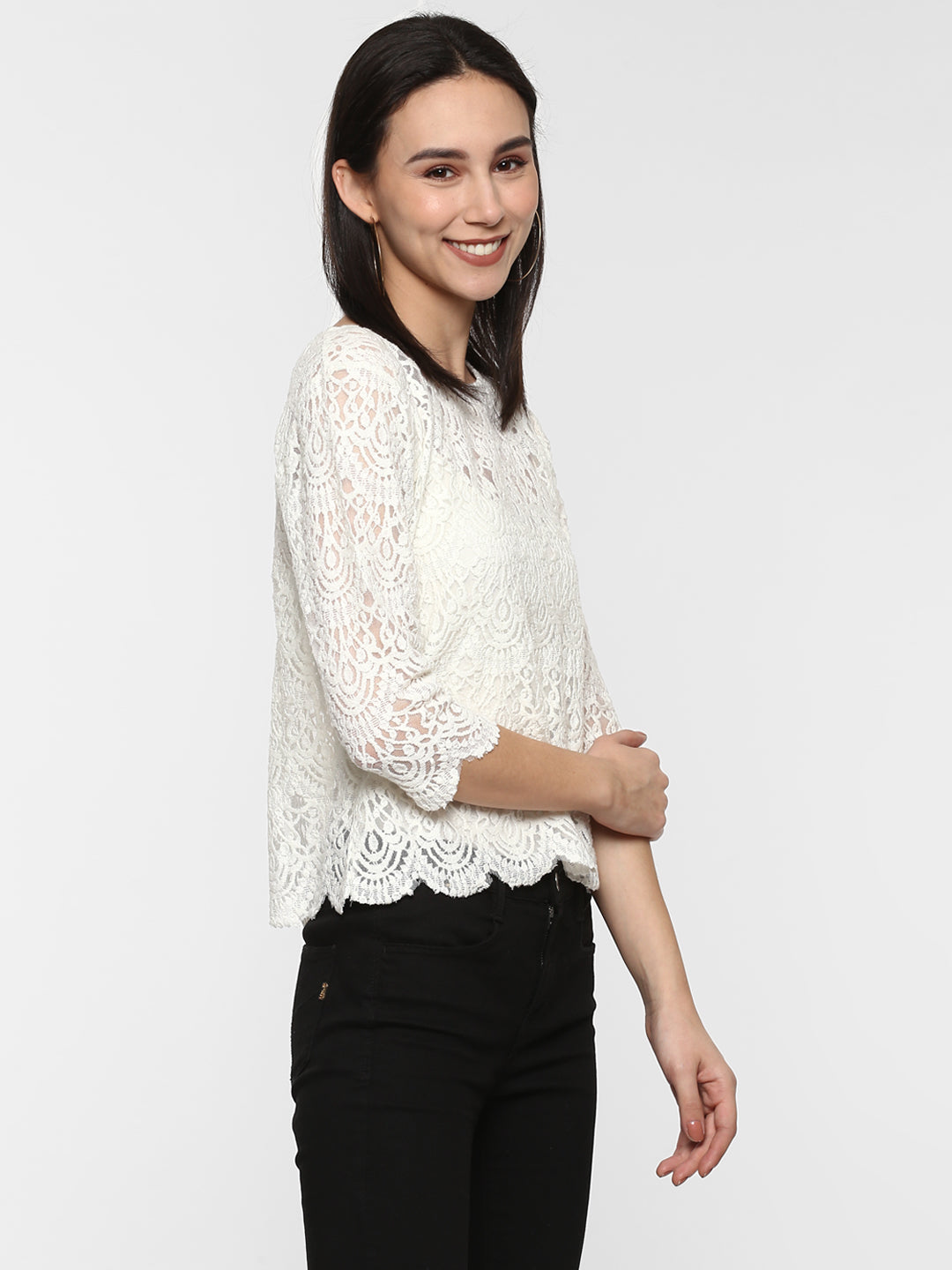 Porsorte Women White Net Crochet Lace Top
