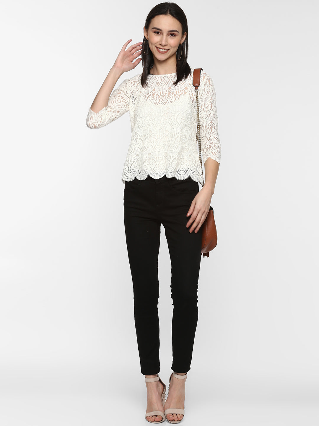 Porsorte Women White Net Crochet Lace Top