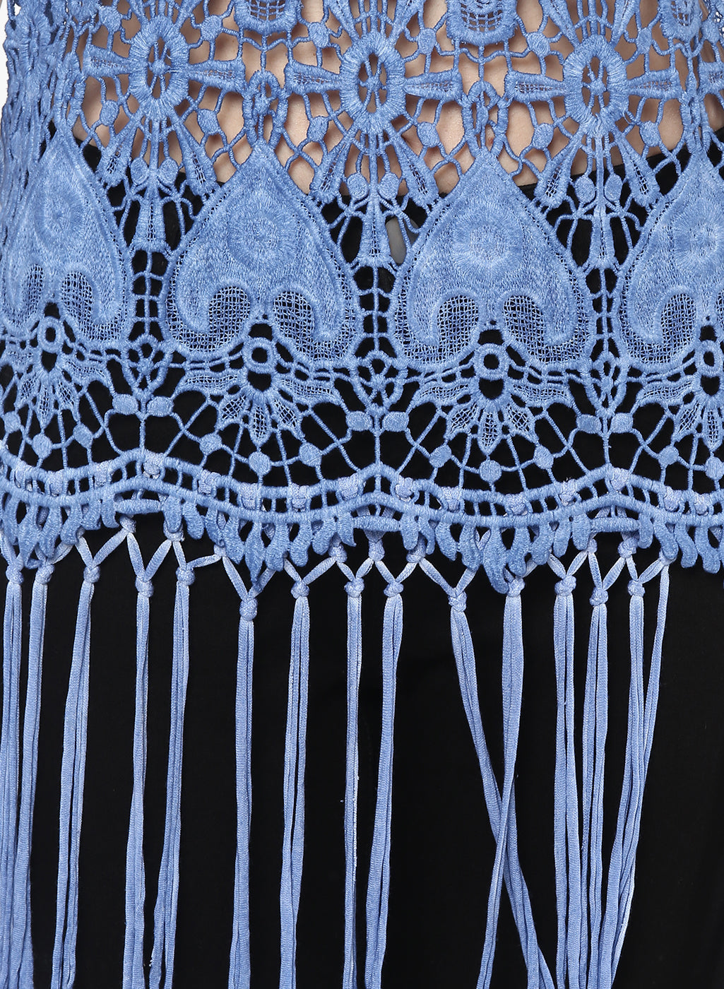 PORSORTE Women's Cotton Blue Pigment washed crochet top with fringes - www.porsorte.in