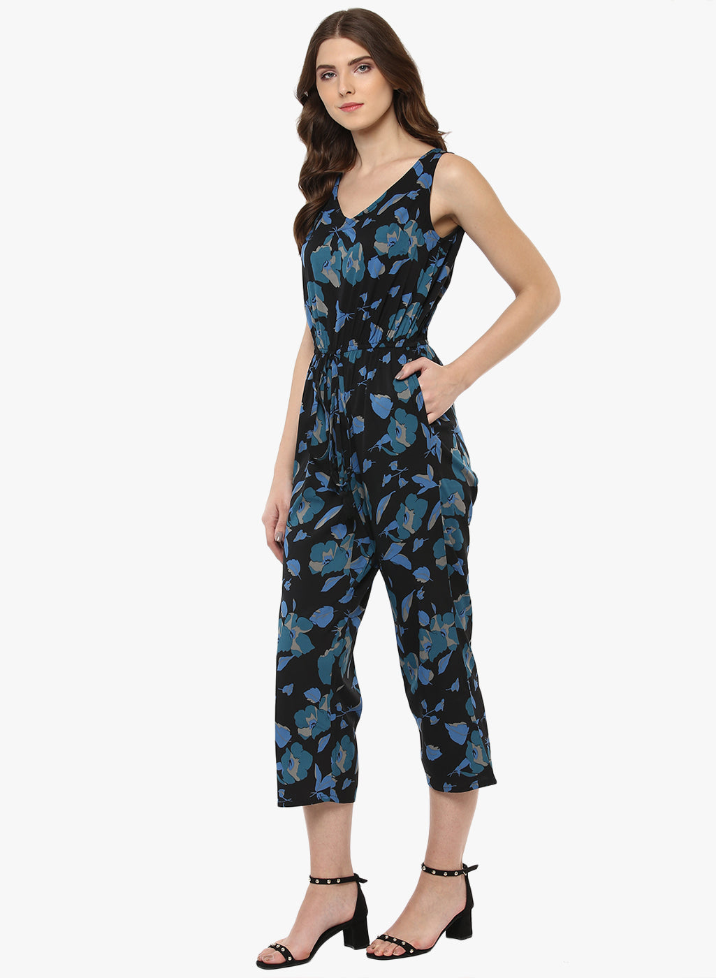 Porsorte Digital Floral Print Black and Blue Capri Jumpsuit - www.porsorte.in