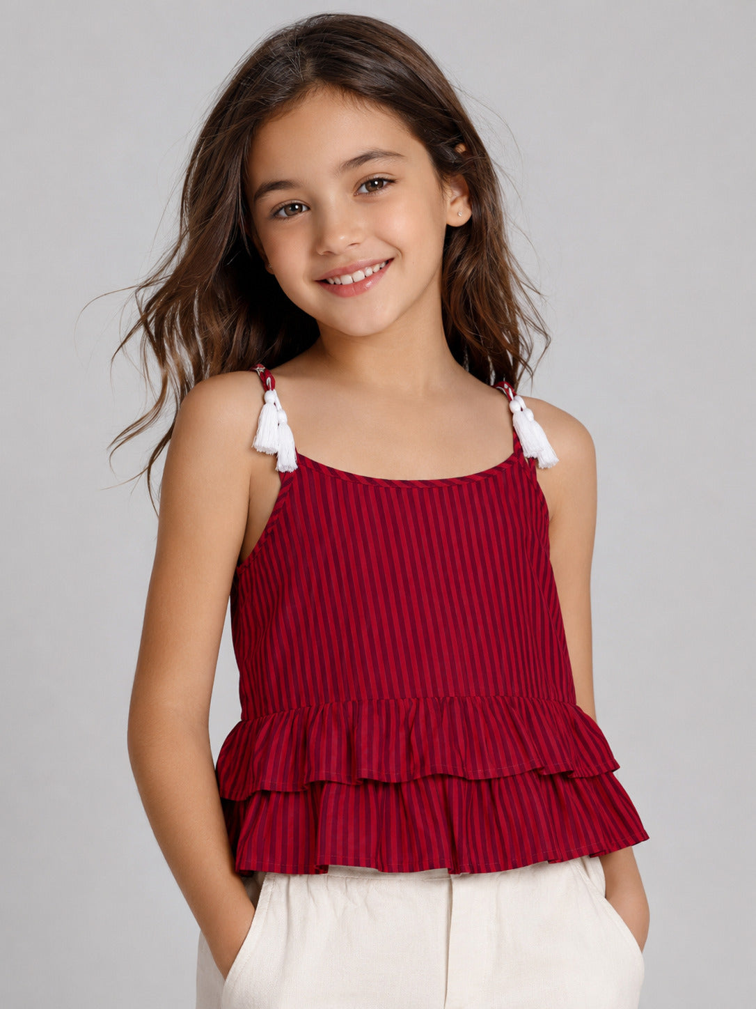 Hoop Hippo Maroon Spagetti Tassels Cotton Dyed Tie Up Top