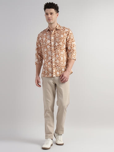 Porsorte Men Floral Print Cotton Casual Shirt – Brown- Regular Fit
