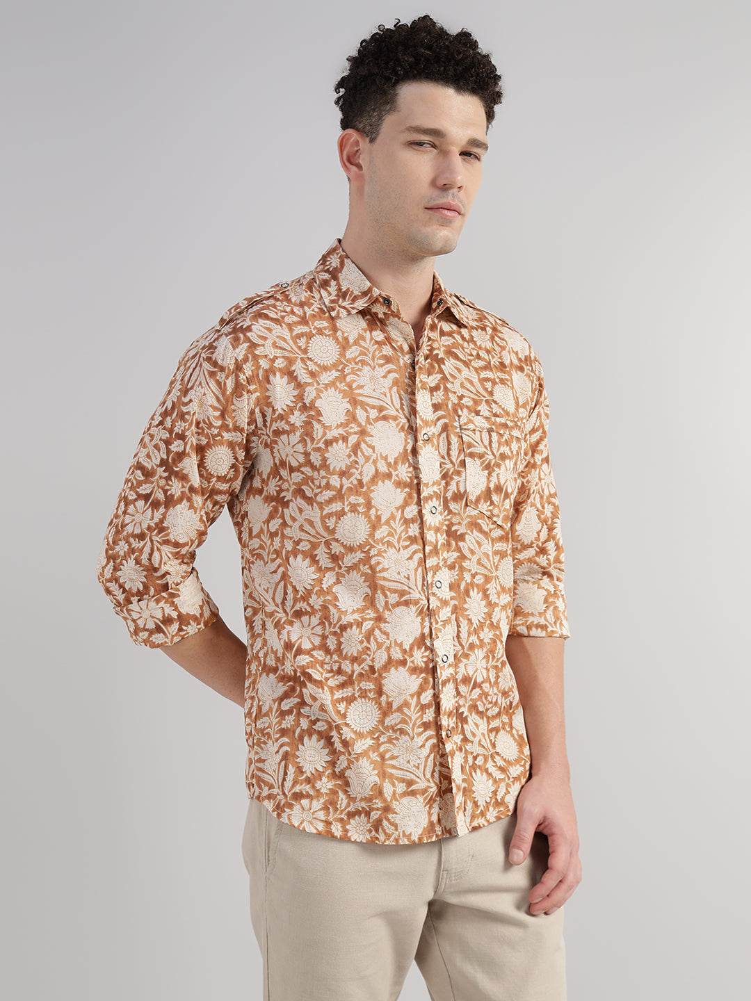 Porsorte Men Floral Print Cotton Casual Regular Fit Shirt – Brown