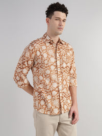 Porsorte Men Floral Print Cotton Casual Regular Fit Shirt – Brown