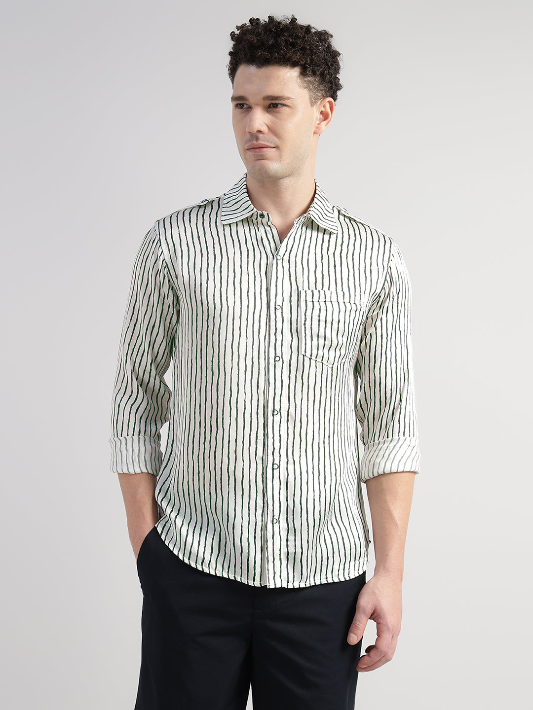 Porsorte Men Striped Modal Satin Casual Regular Fit Shirt – White & Black
