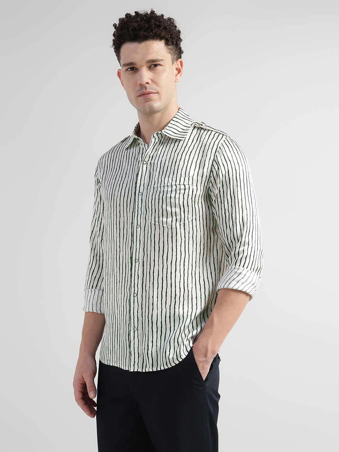 Porsorte Men Striped Modal Satin Casual Regular Fit Shirt – White & Black