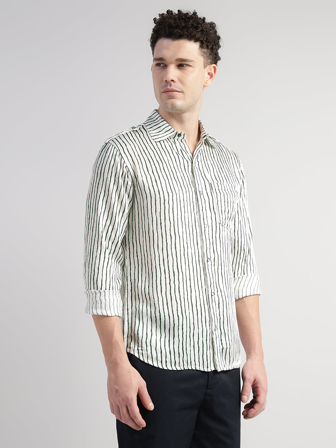 Porsorte Men Striped Modal Satin Casual Regular Fit Shirt – White & Black