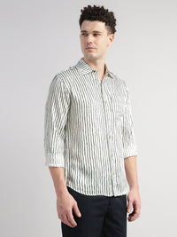 Porsorte Men Striped Modal Satin Casual Regular Fit Shirt – White & Black