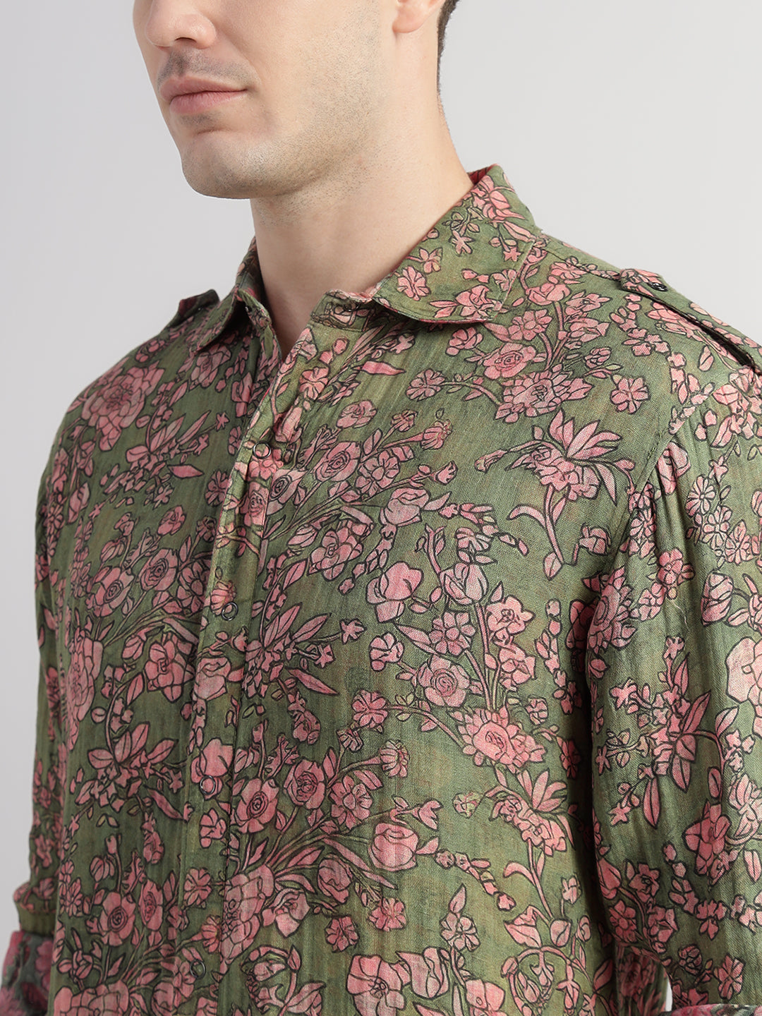 Porsorte Men Olive Green & Pink Floral Printed Cotton Reversible Casual Regular Shirt