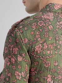 Porsorte Men Olive Green & Pink Floral Printed Cotton Reversible Casual Regular Shirt