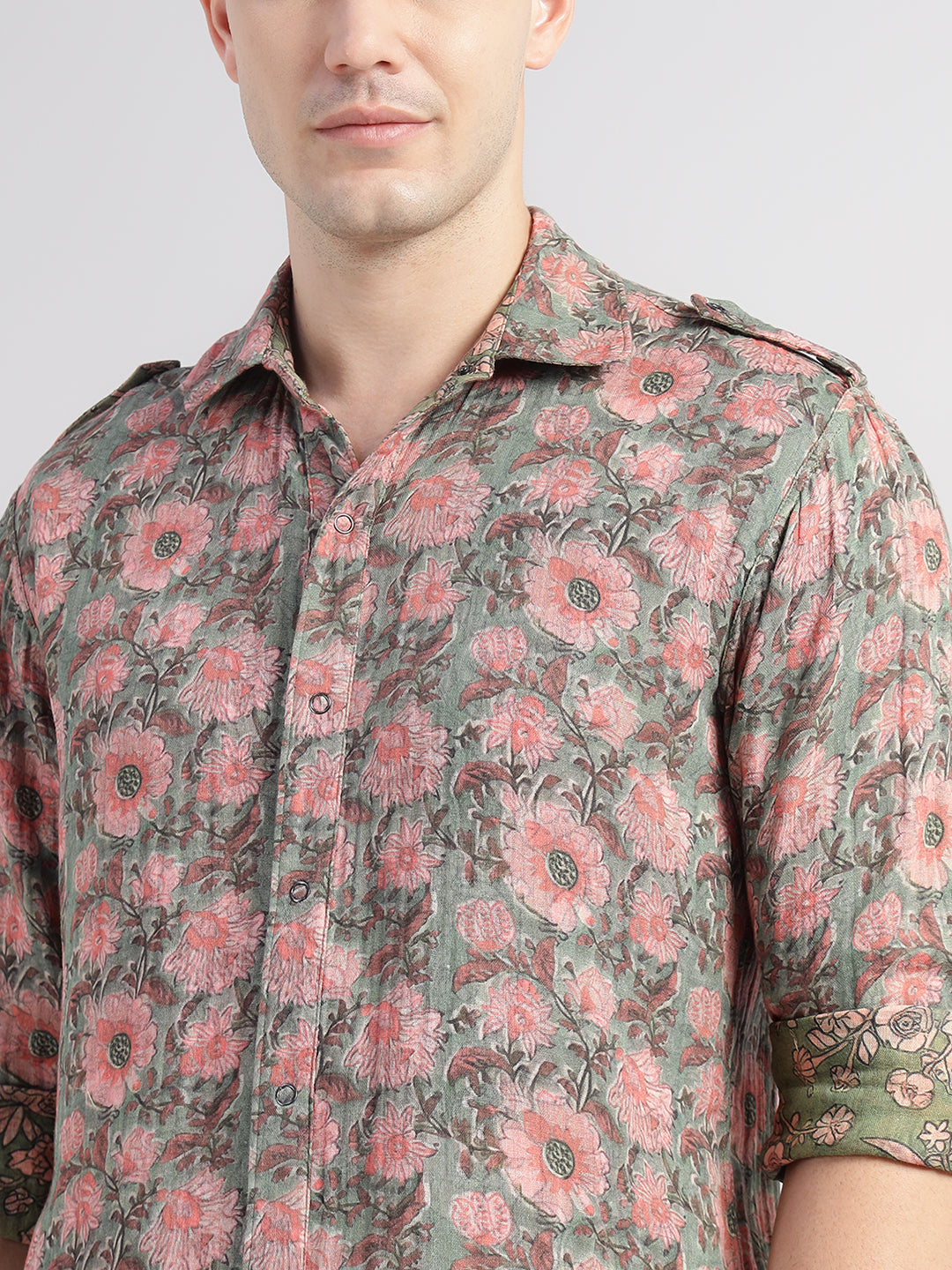 Porsorte Men Olive Green & Pink Floral Printed Cotton Reversible Casual Regular Shirt