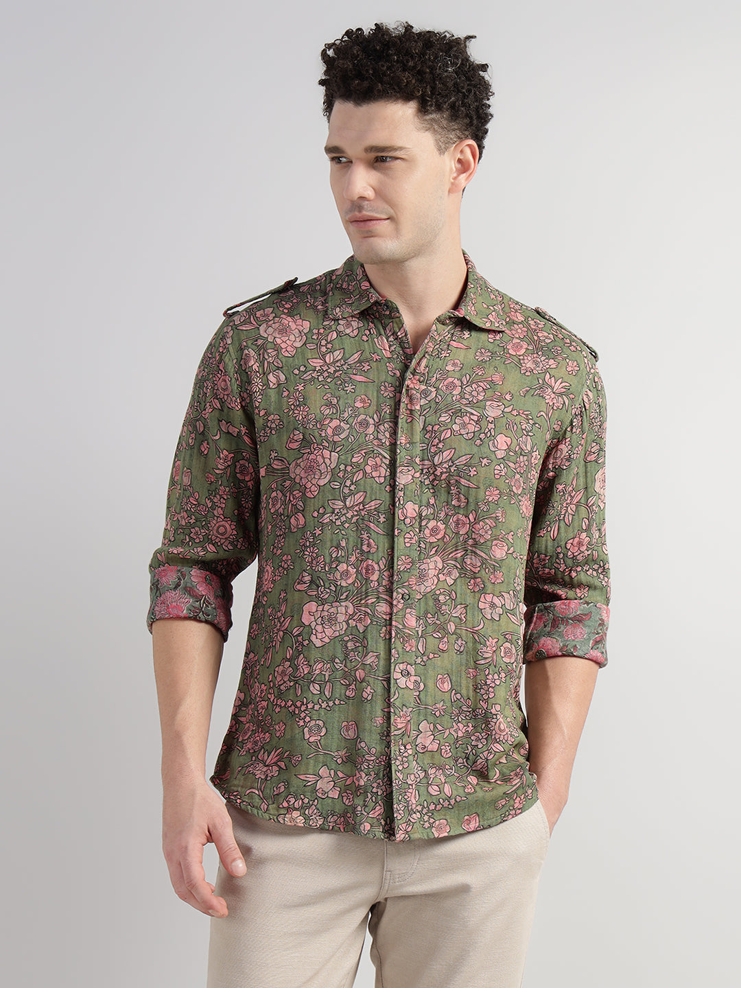 Porsorte Men Olive Green & Pink Floral Printed Cotton Reversible Casual Regular Shirt
