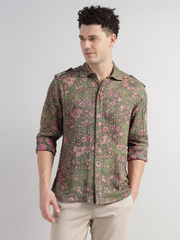 Porsorte Men Olive Green & Pink Floral Printed Cotton Reversible Casual Regular Shirt