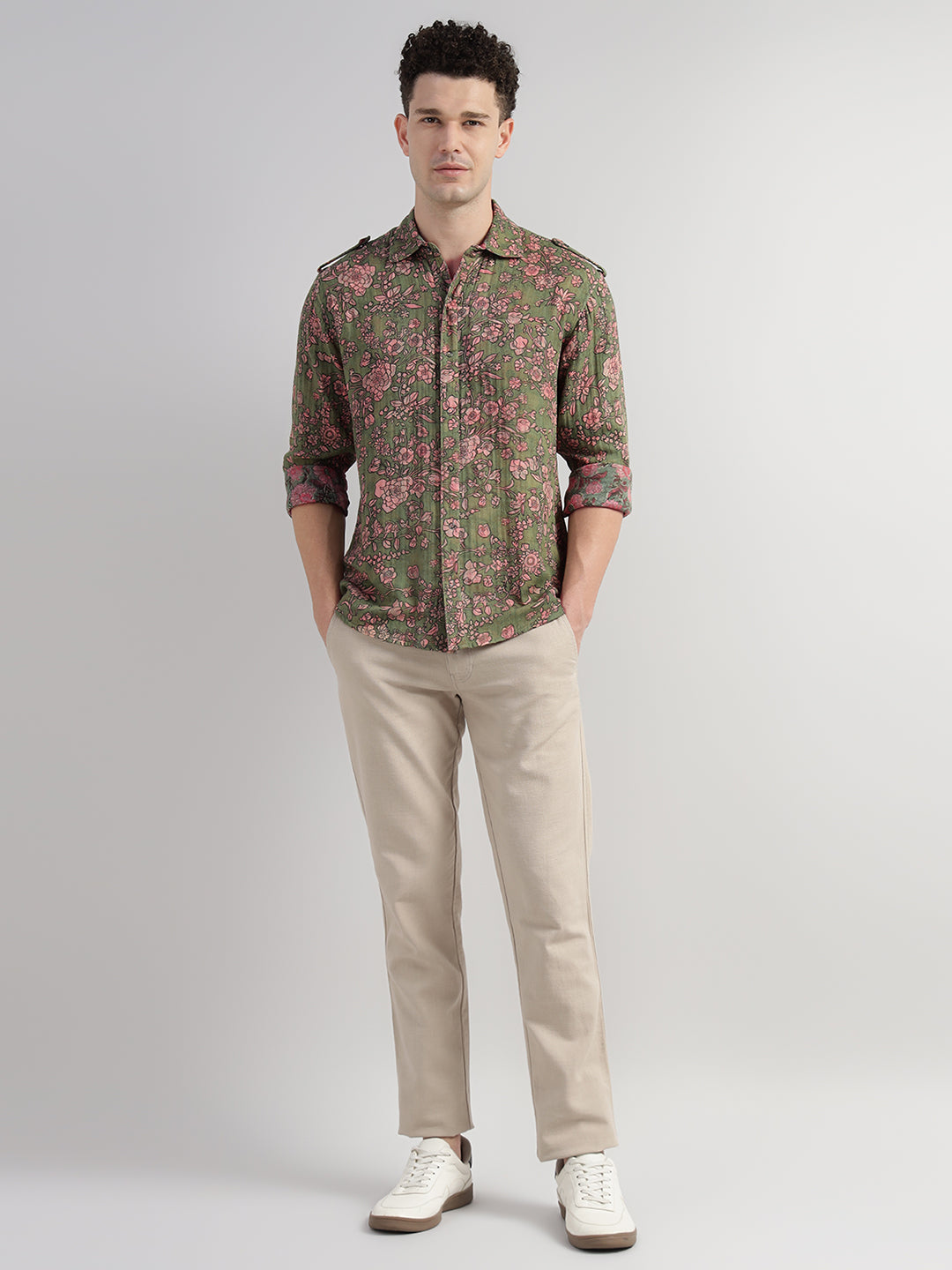 Porsorte Men Olive Green & Pink Floral Printed Cotton Reversible Casual Regular Shirt