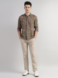Porsorte Men Olive Green & Pink Floral Printed Cotton Reversible Casual Regular Shirt