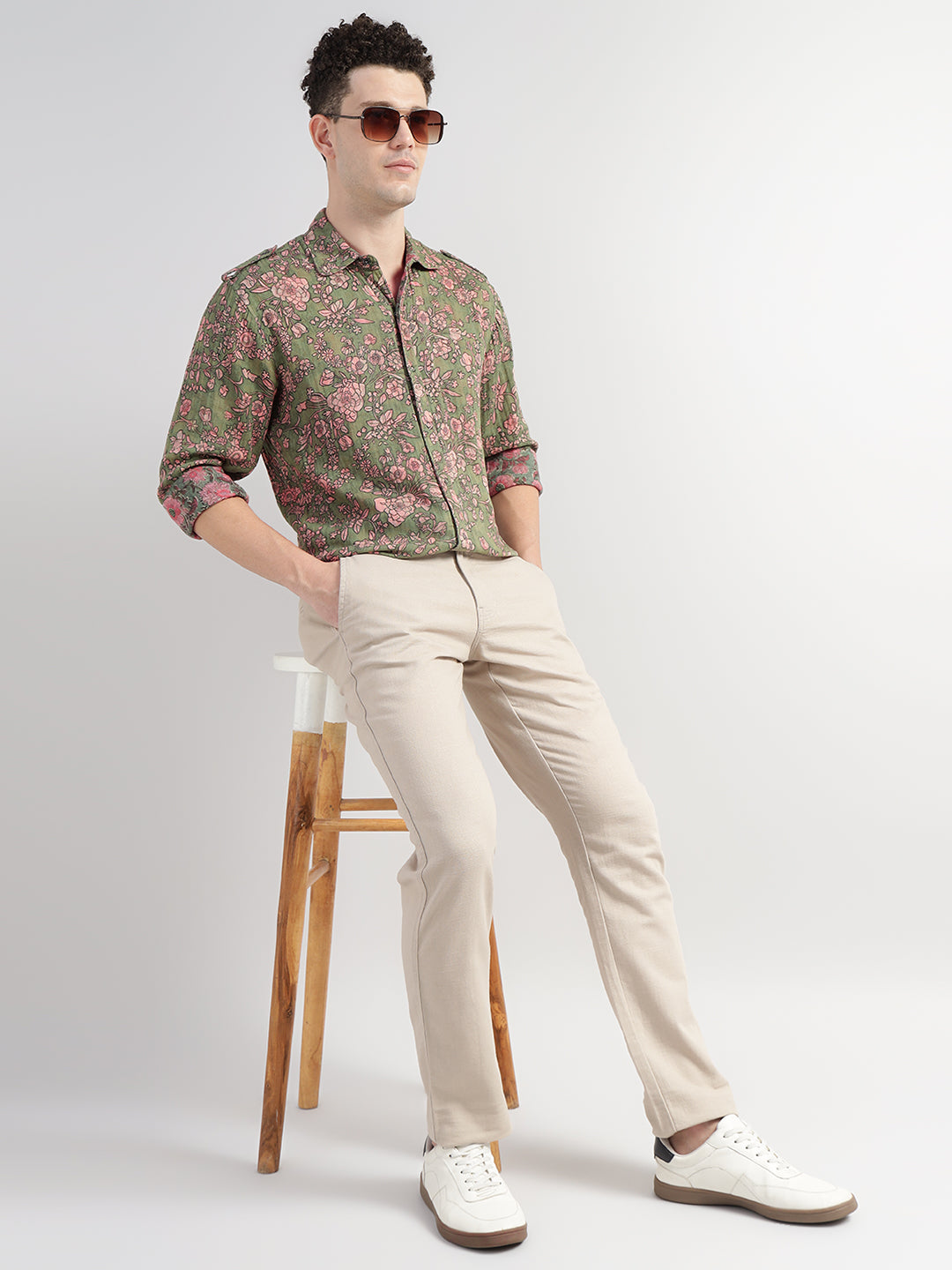 Porsorte Men Olive Green & Pink Floral Printed Cotton Reversible Casual Regular Shirt
