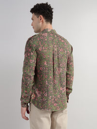 Porsorte Men Olive Green & Pink Floral Printed Cotton Reversible Casual Regular Shirt