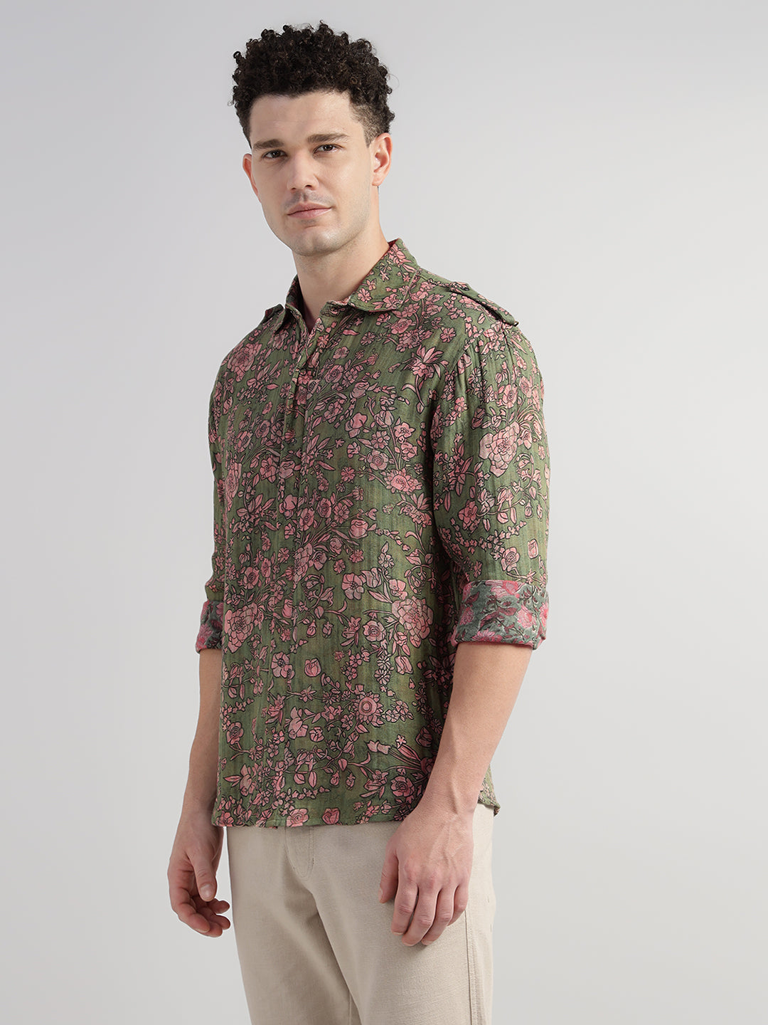Porsorte Men Olive Green & Pink Floral Printed Cotton Reversible Casual Regular Shirt