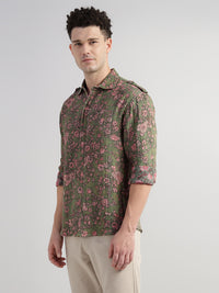 Porsorte Men Olive Green & Pink Floral Printed Cotton Reversible Casual Regular Shirt