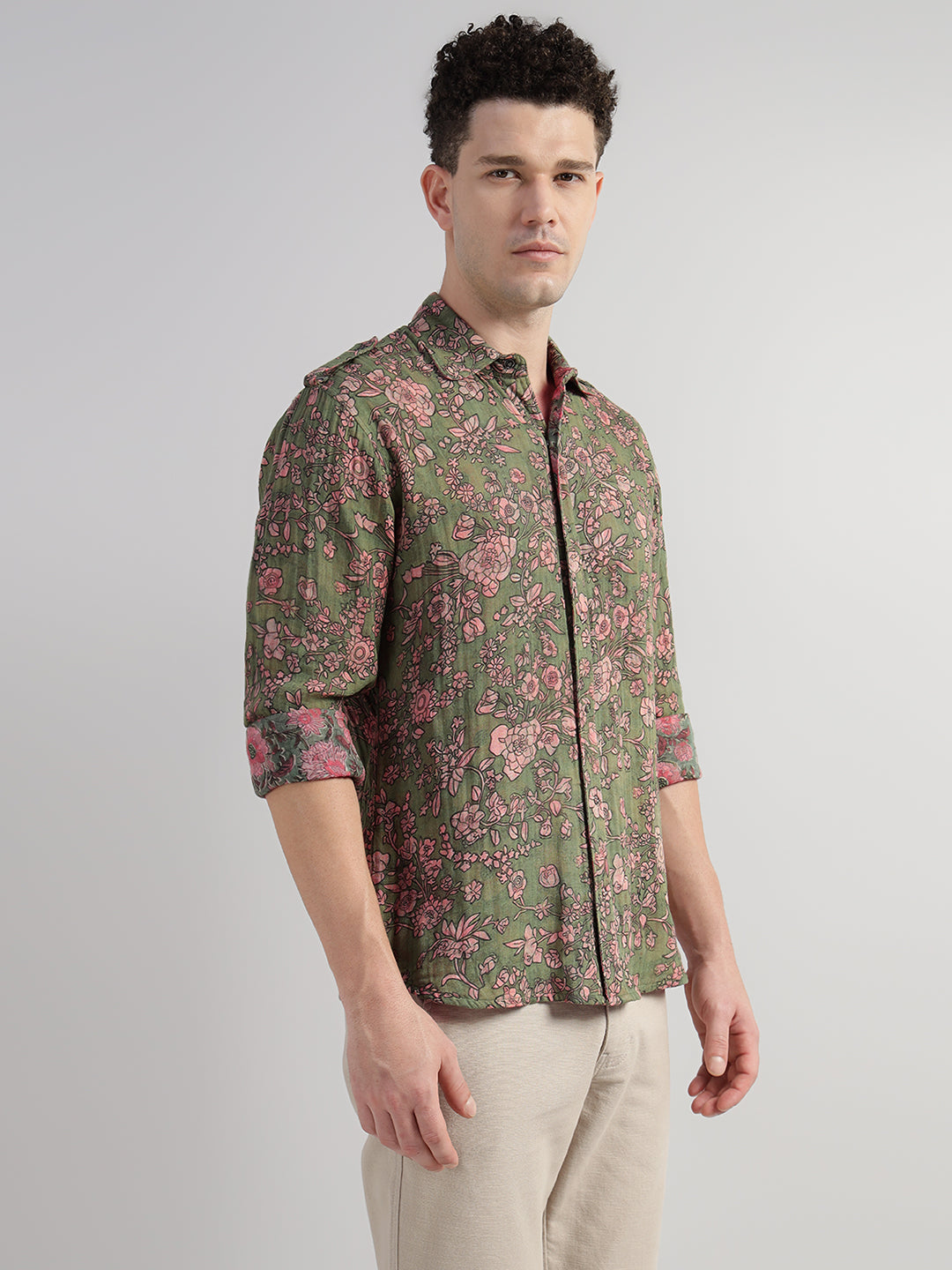 Porsorte Men Olive Green & Pink Floral Printed Cotton Reversible Casual Regular Shirt