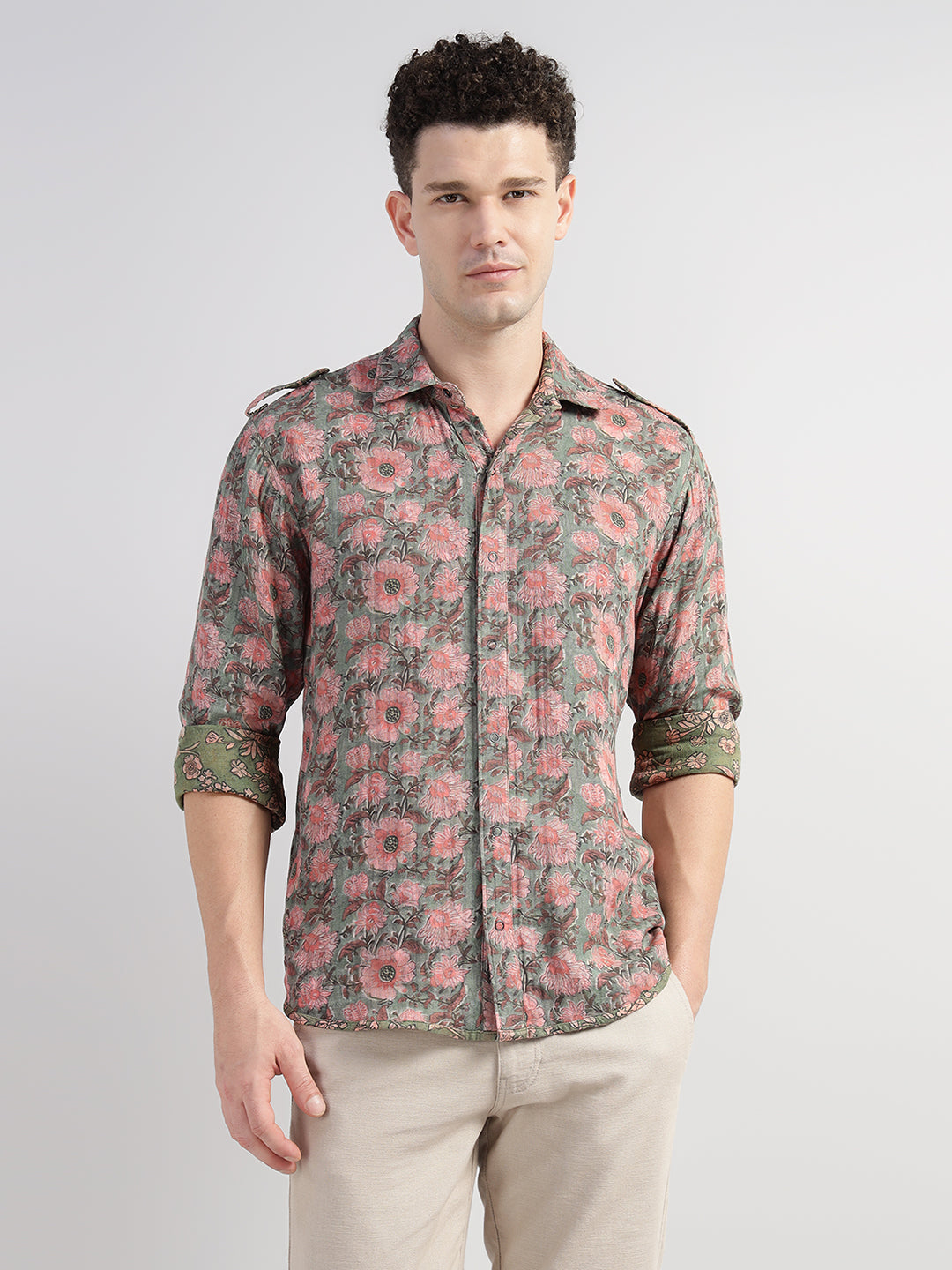 Porsorte Men Olive Green & Pink Floral Printed Cotton Reversible Casual Regular Shirt